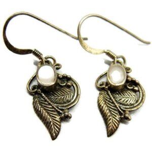 925 Leaves White Inlaid Stone Earrings Hook Drop Sterling Silver Vintage Patina